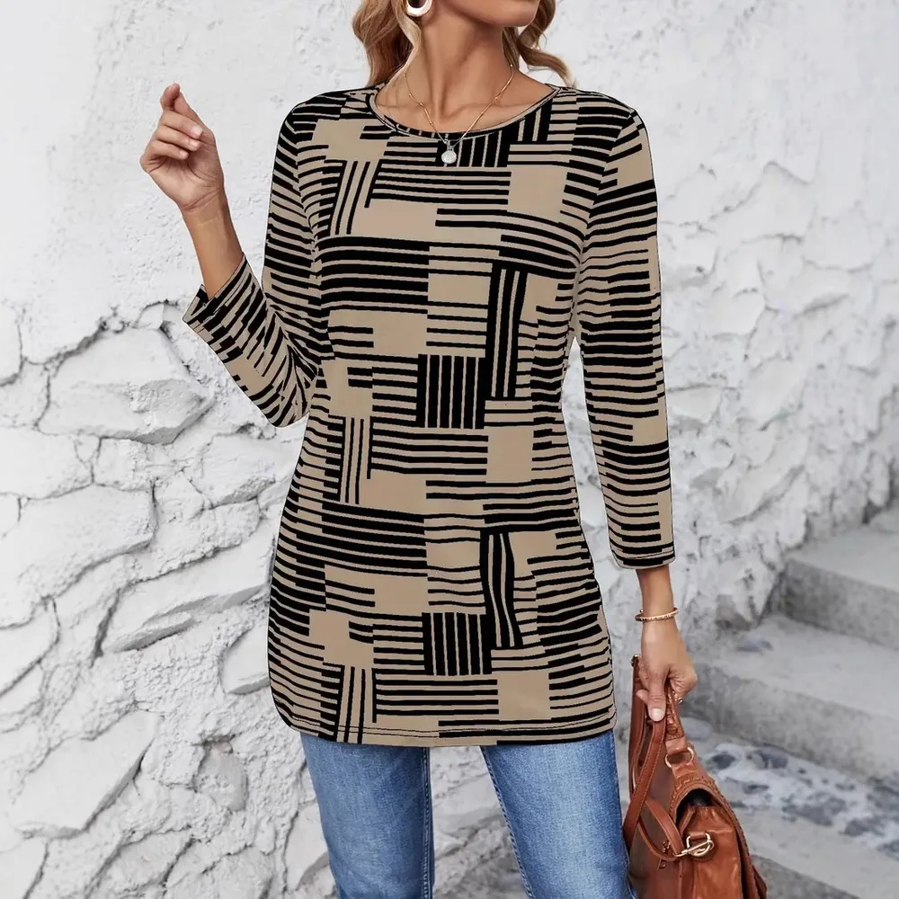 Fashion Casual Crew Neck Top T-shirt Women's Clothing - Khaki