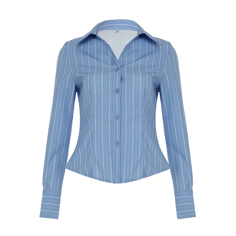 Striped Lapel Shirt European And American Fashion Women's Slim Top Blue - Shop at LoveMi