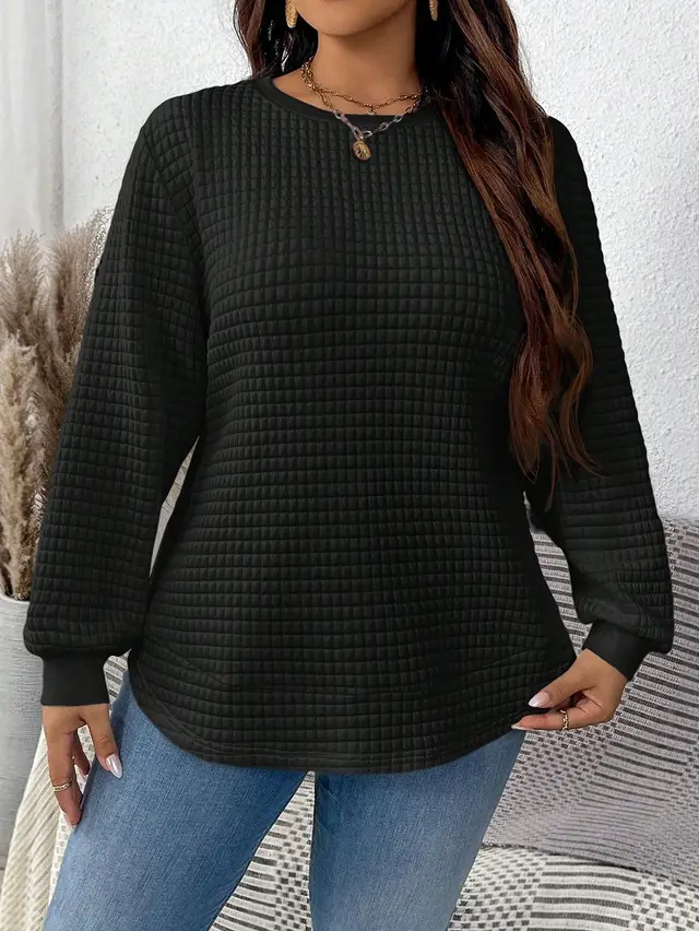 Women's Fashion All match Casual Solid Color Square Plaid Pullover Sweater Black - Shop at LoveMi