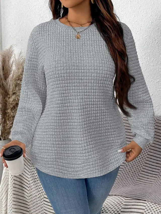 Women's Fashion All match Casual Solid Color Square Plaid Pullover Sweater Silver Gray - Shop at LoveMi