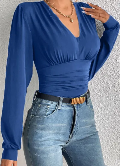 Autumn Long Sleeve Fashion V neck Solid Color Casual Top Women's Clothing Blue - Shop at LoveMi