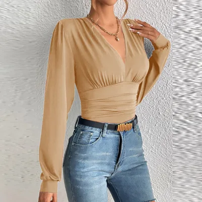 Autumn Long Sleeve Fashion V neck Solid Color Casual Top Women's Clothing Khaki - Shop at LoveMi