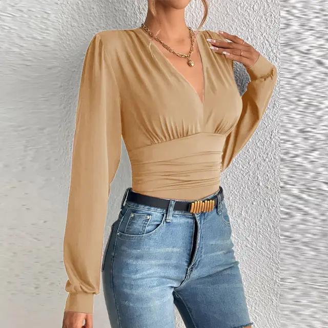 Autumn Long Sleeve Fashion V neck Solid Color Casual Top Women's Clothing Khaki - Shop at LoveMi