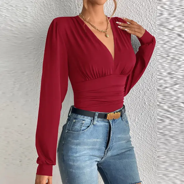 Autumn Long Sleeve Fashion V neck Solid Color Casual Top Women's Clothing Wine Red - Shop at LoveMi