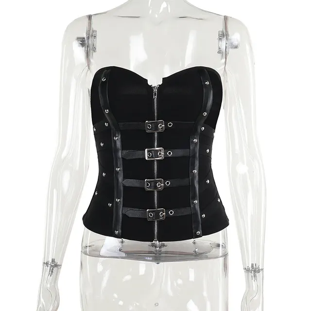 Women's European And American All matching Fishbone Tube Top Leather Ring Vest Black - Shop at LoveMi