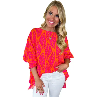 Women's All match Floral Print Puff Sleeve Chiffon Shirt Rose Red - Shop at LoveMi