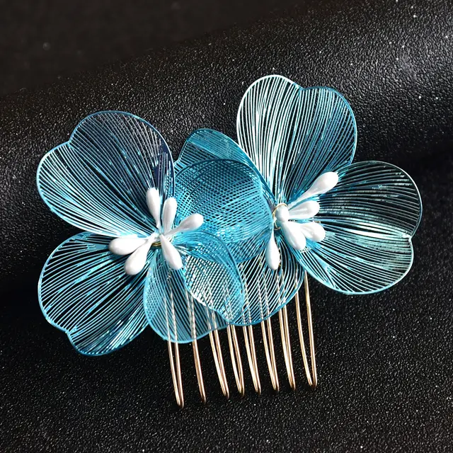 Bridal Headdress Super Fairy Golden Flower Comb Blue - Shop at LoveMi