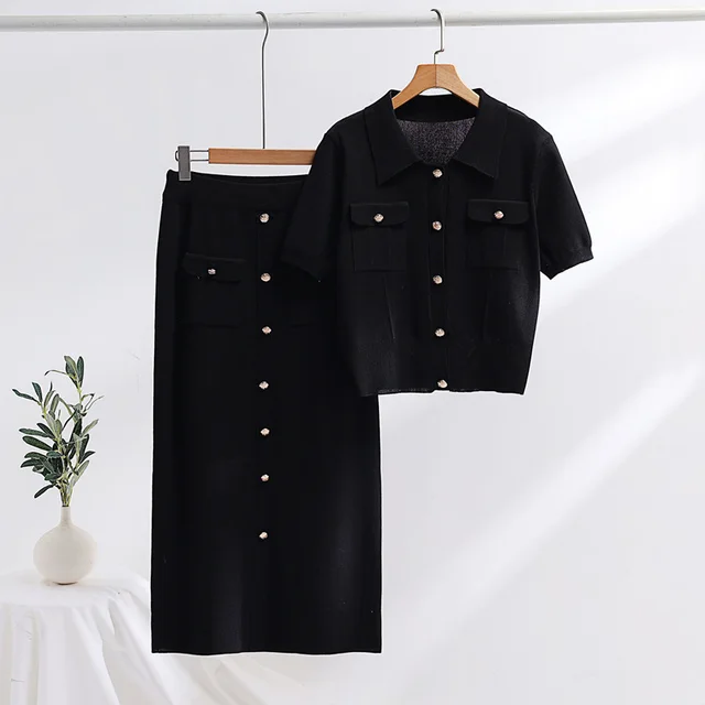 Women's New Polo Collar Sweater With Short Sleeves Skirt Knitted Two piece Black - Shop at LoveMi
