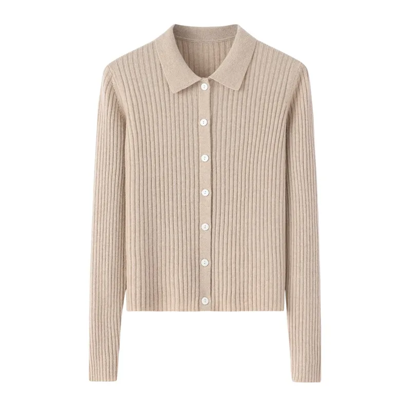 Early Autumn French Top Women's Cashmere Short Lapels Knitted Cardigan Khaki - Shop at LoveMi
