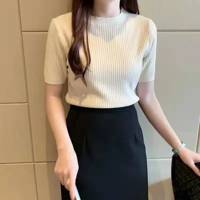 Women's Slim fit Knitted Short sleeved Sweater Apricot - Shop at LoveMi