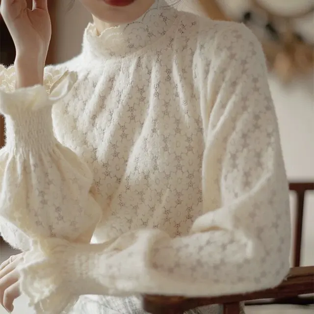 Fleece lined Thickened Half high Collar Lace Bottoming Shirt For Women Apricot - Shop at LoveMi