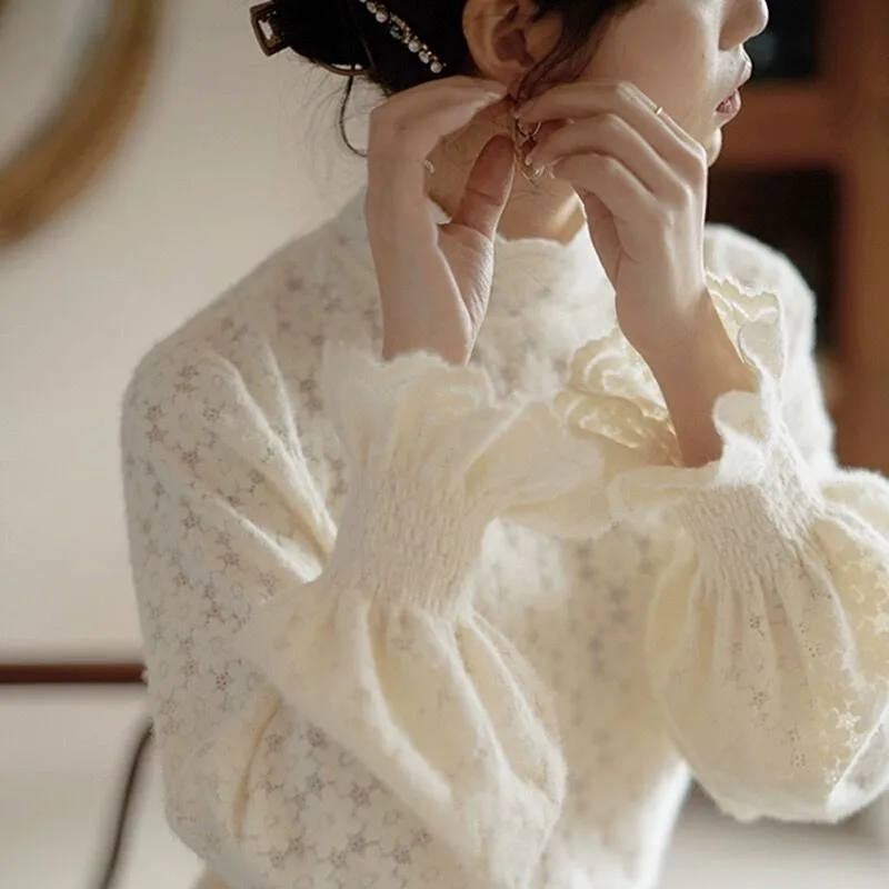 Fleece-lined Thickened Half-high Collar Lace Bottoming Shirt For Women - Beige Plus Velvet - View 1