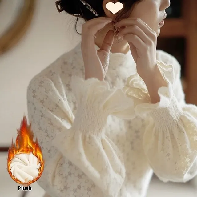 Fleece lined Thickened Half high Collar Lace Bottoming Shirt For Women Beige Plus Velvet - Shop at LoveMi
