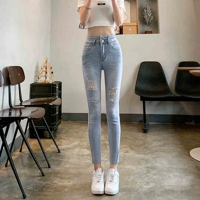 Women's Thin High Waist Ripped Light Gray Jeans Light Blue - Shop at LoveMi