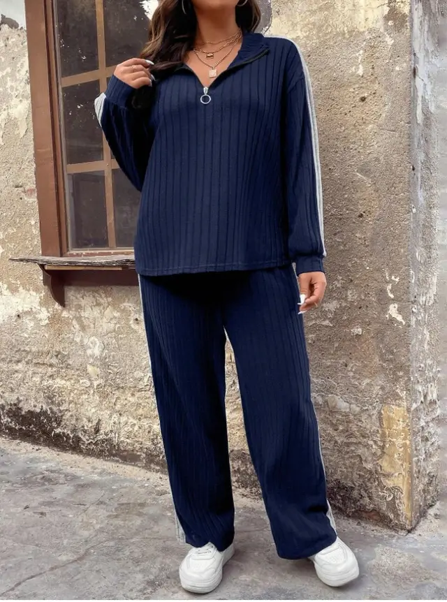 Casual Suit Women's Sweater Wide Leg Pants Two piece Set Dark Blue - Shop at LoveMi