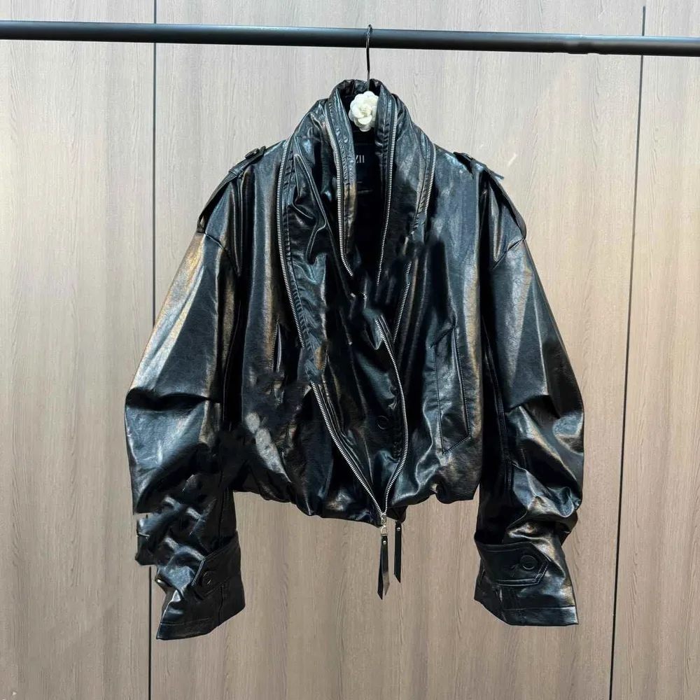 Cuffed Zipper Collar Button PU Leather Jacket Cotton Padded Jacket - Black