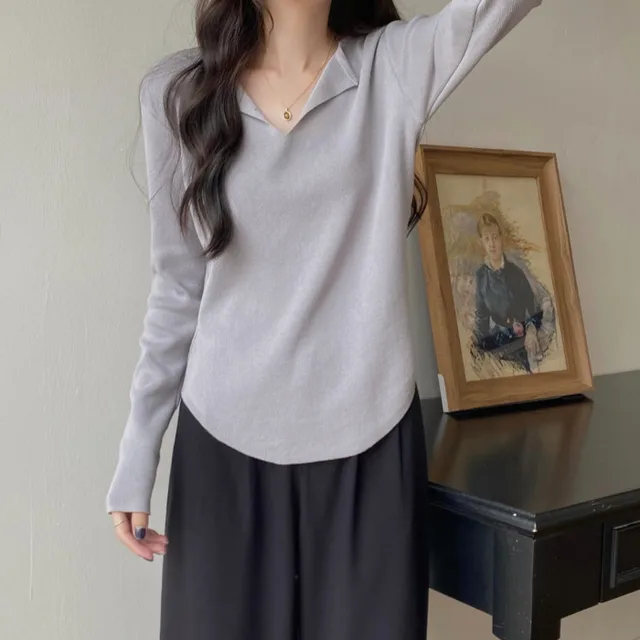 Fall V neck Knitwear Women's Design Sense Niche Long sleeved Top Light Gray - Shop at LoveMi