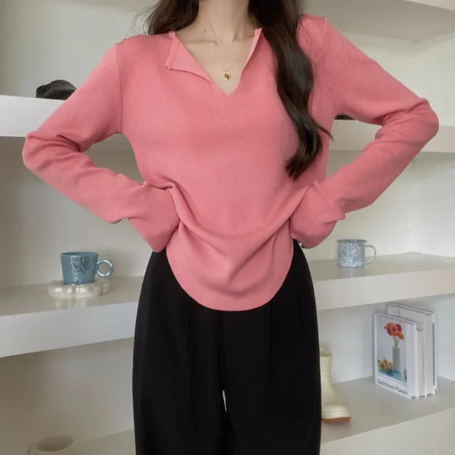 Fall V neck Knitwear Women's Design Sense Niche Long sleeved Top Pink - Shop at LoveMi