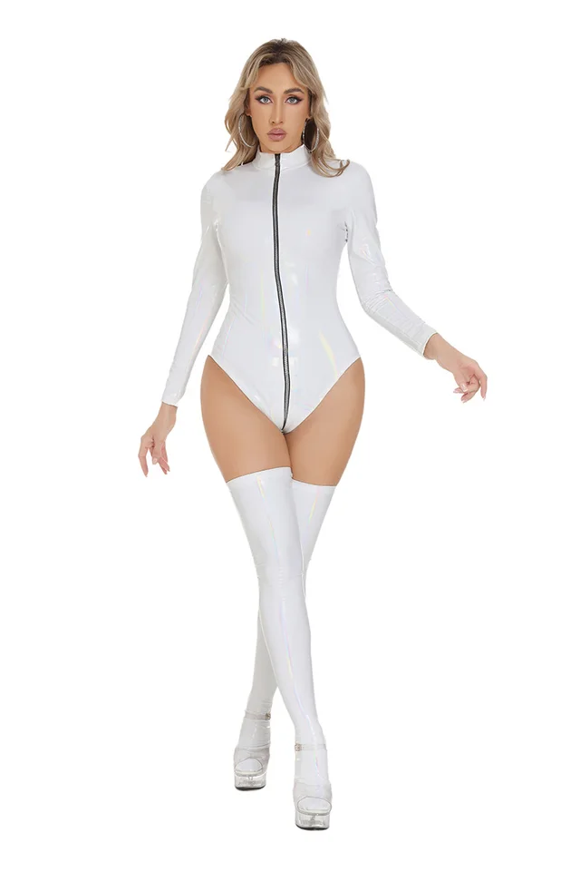 European And American Colorful Bright Zipper Open Crotch Bright Leather PU Sexy Lingerie W6916 White Socks - Shop at LoveMi