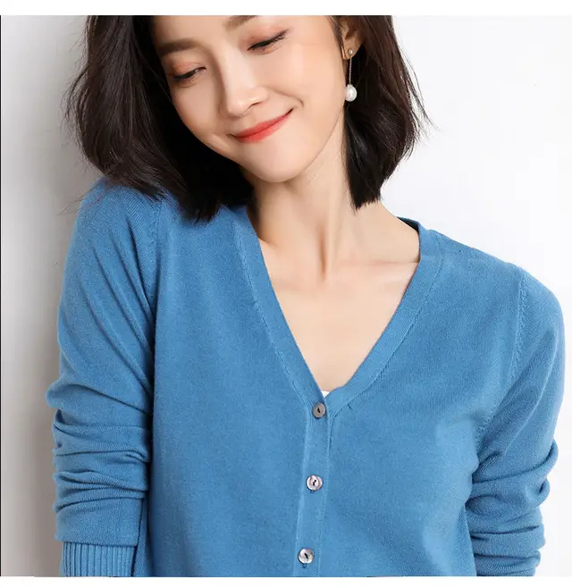 Knitwear Coat Solid Color Slim Fit Woolen Knit Outer Sweater Women Blue - Shop at LoveMi