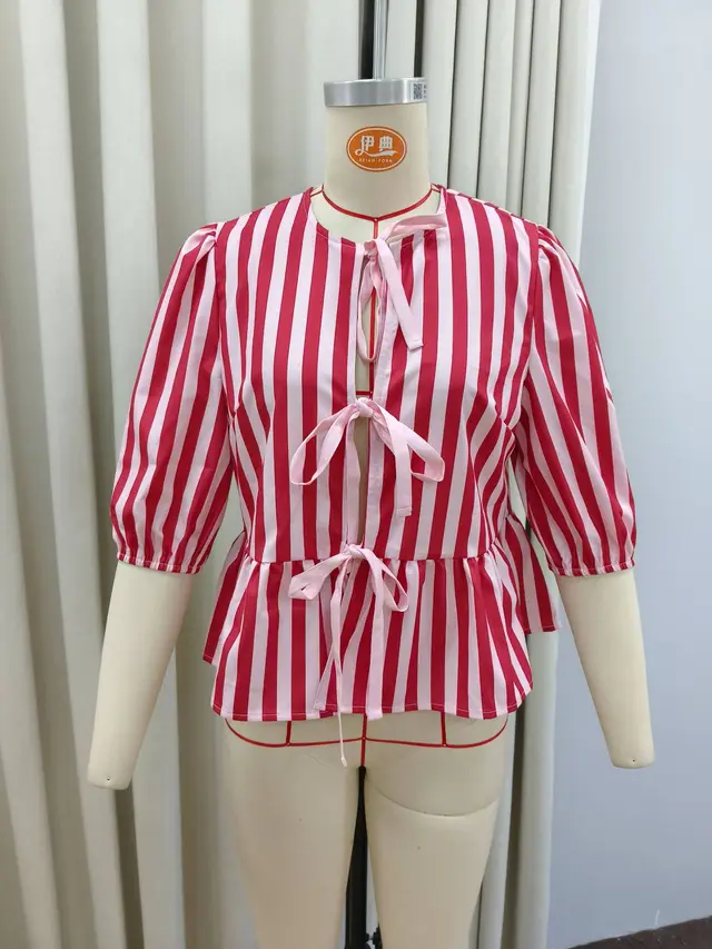 Fashion Stripes Padded Shoulder Bow Top Watermelon Red - Shop at LoveMi