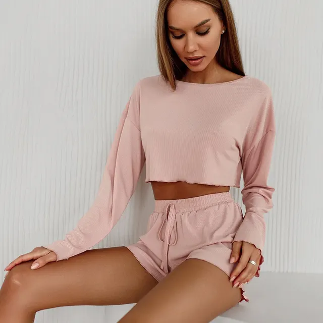 Women's Soft Knitted Short Pajamas Midriff baring Long Sleeve Suit Pink - Shop at LoveMi