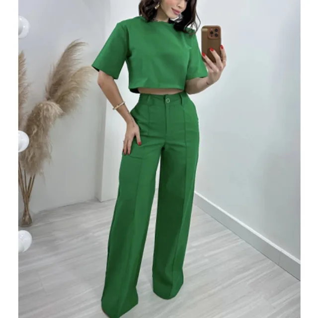 Fashion Cotton And Linen Short Top High Waist Wide Leg Pants Suit A031 Green - Shop at LoveMi