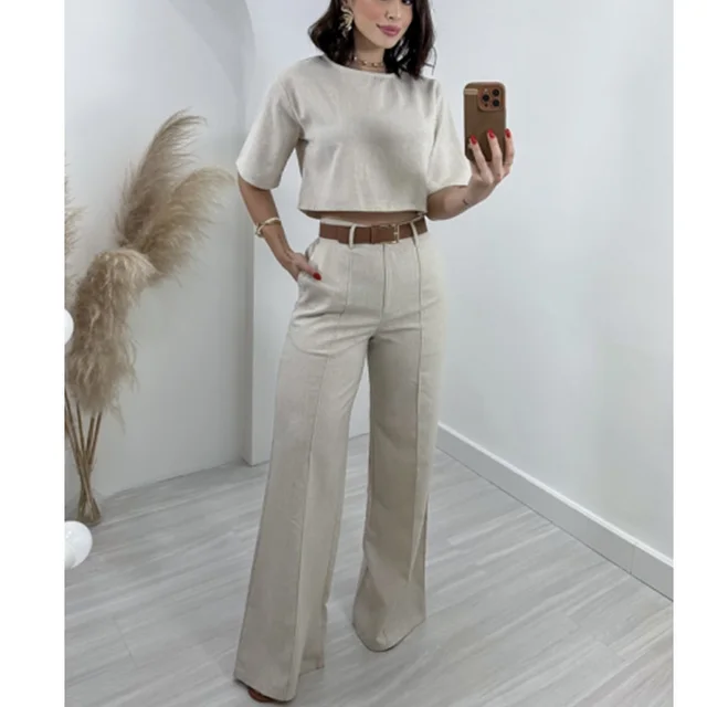 Fashion Cotton And Linen Short Top High Waist Wide Leg Pants Suit A031 Lime White - Shop at LoveMi