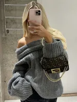 Off-the-shoulder Off-neck Sweater Women's Minimalist Long Sleeve Knitted Top - Gray