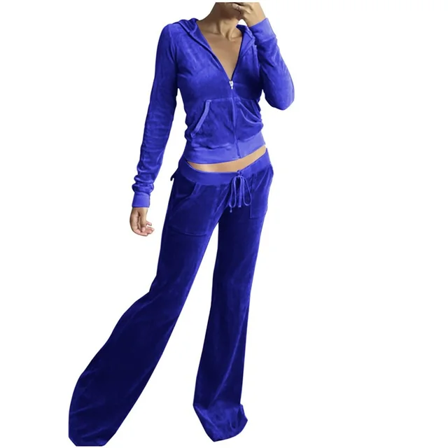 Casual Solid Color Velvet Wide Leg Pants Two piece Set Blue - Shop at LoveMi