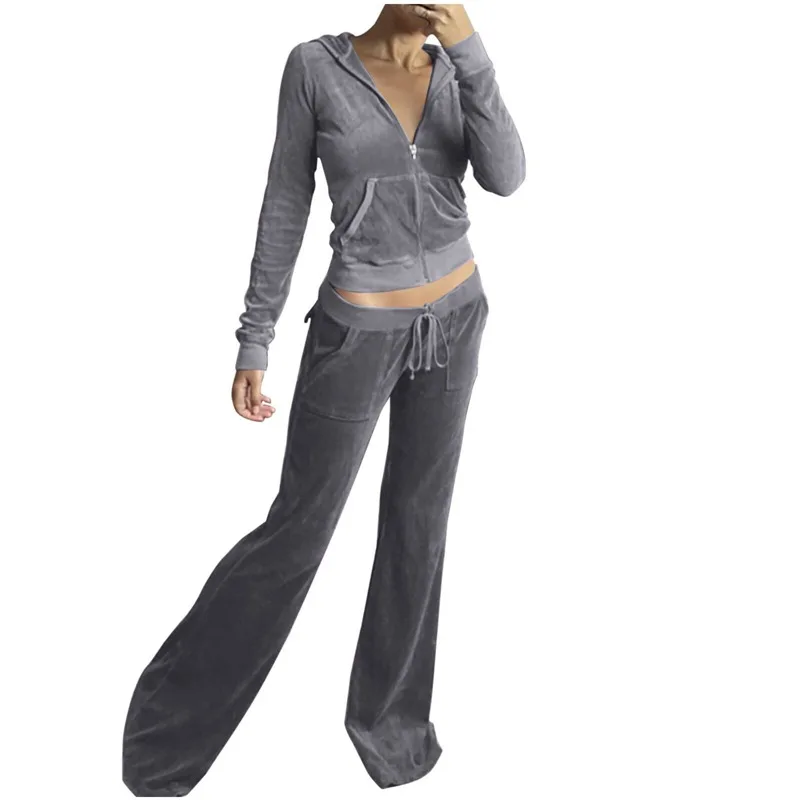 Casual Solid Color Velvet Wide Leg Pants Two-piece Set - Gray