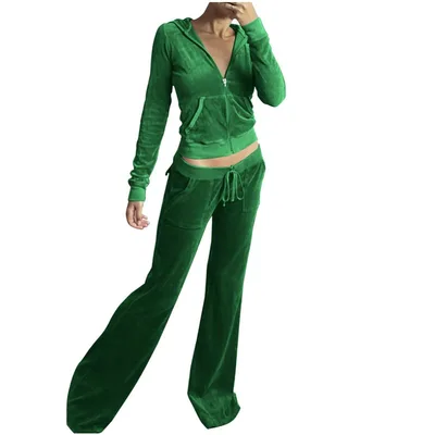 Casual Solid Color Velvet Wide Leg Pants Two piece Set Green - Shop at LoveMi