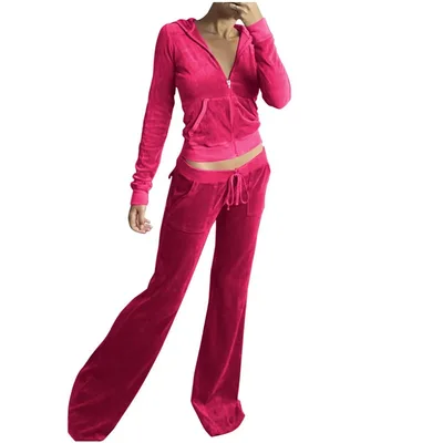 Casual Solid Color Velvet Wide Leg Pants Two piece Set Rose Red - Shop at LoveMi