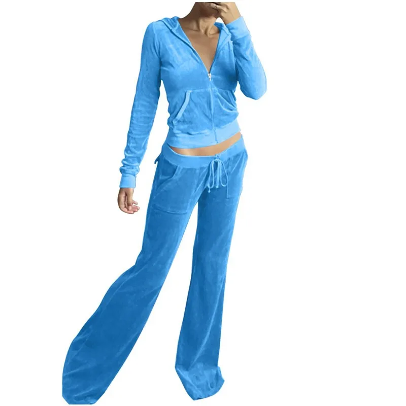 Casual Solid Colour Velvet Wide Leg Pants Two-piece Set - Sky Blue