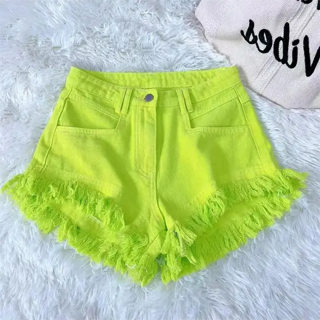 Mid waist Korean Style Casual Style Burrs Tassels Denim Shorts Green - Shop at LoveMi