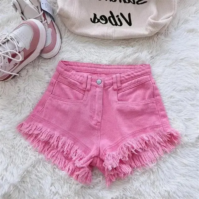 Mid waist Korean Style Casual Style Burrs Tassels Denim Shorts Pink - Shop at LoveMi