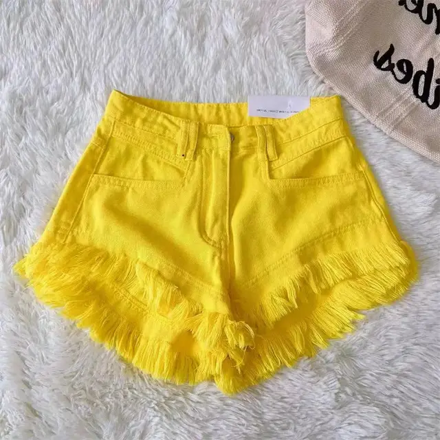 Mid waist Korean Style Casual Style Burrs Tassels Denim Shorts Yellow - Shop at LoveMi