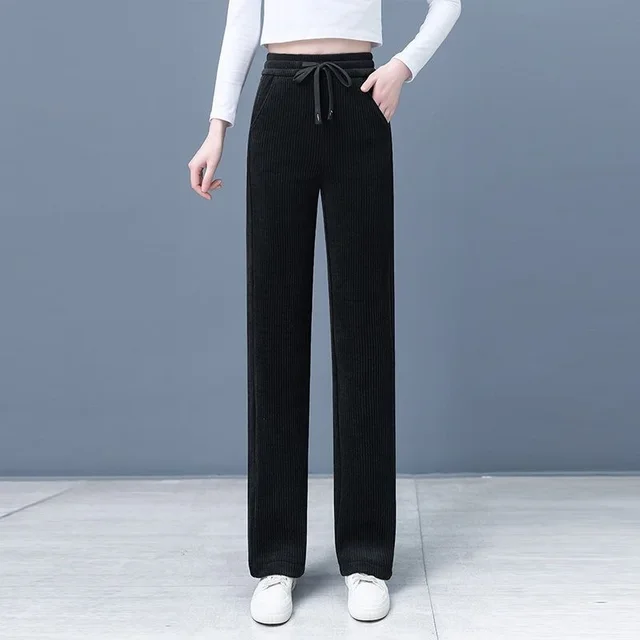 Chenille Wide leg Pants Women's High Waist Loose Straight Trousers Black - Shop at LoveMi