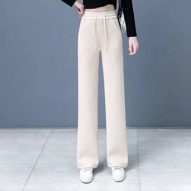 Chenille Wide leg Pants Women's High Waist Loose Straight Trousers White - Shop at LoveMi