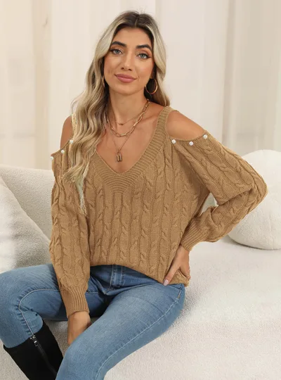Woven Bottoming Shirt Deep V Off the shoulder Pullover Loose Sweater Camel - Shop at LoveMi