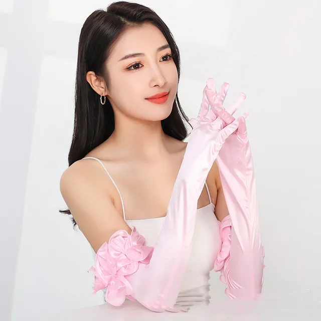 Satin Stretch Long Wedding Dress Etiquette Gloves Elegant Pink - Shop at LoveMi