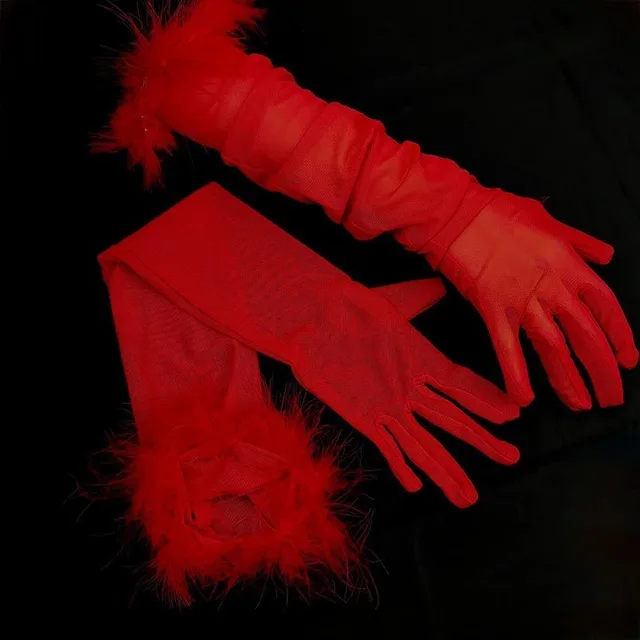 Sexy Black Silk Gloves 55CM Super Long Stretch Black Feather Red - Shop at LoveMi
