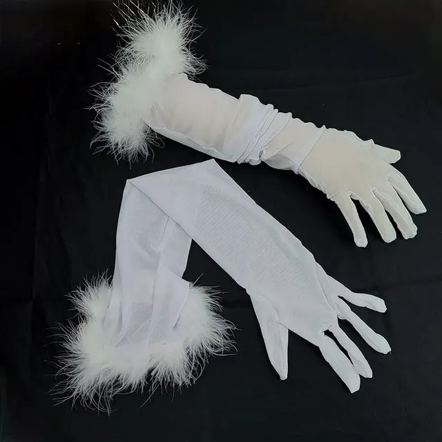 Sexy Black Silk Gloves 55CM Super Long Stretch Black Feather White - Shop at LoveMi