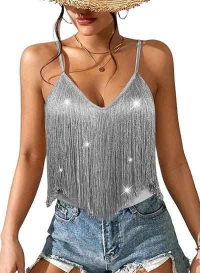 Women's Fashion Personalized Camisole Tassel Vest Silver - Shop at LoveMi