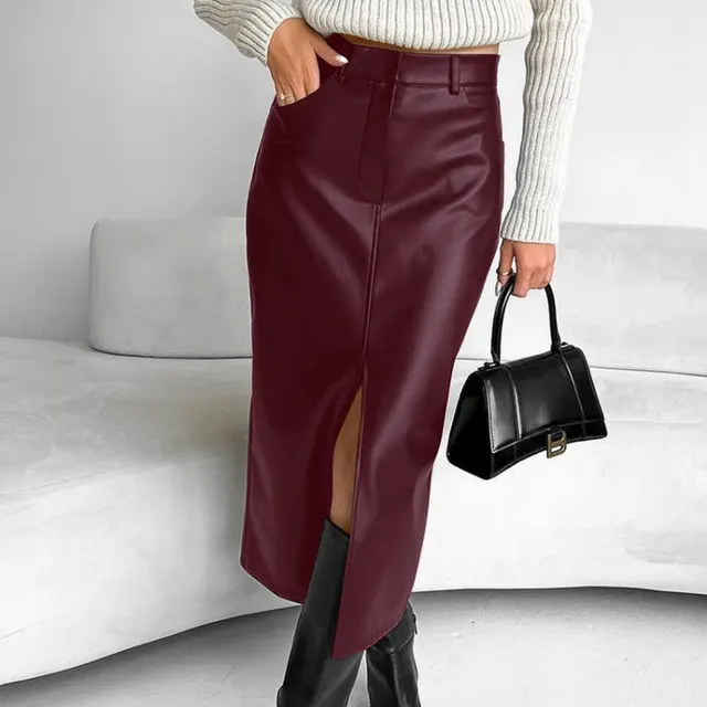 Autumn And Winter European And American Retro Leather Leather Skirt Split Skirt Red - Shop at LoveMi