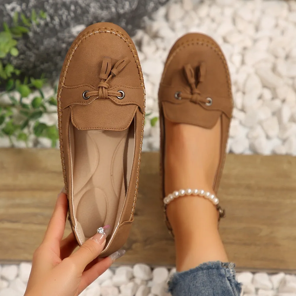 Women's Round Head Loafers Fashion Non slip Soft Comfortable Flats Shoes Brown - Shop at LoveMi