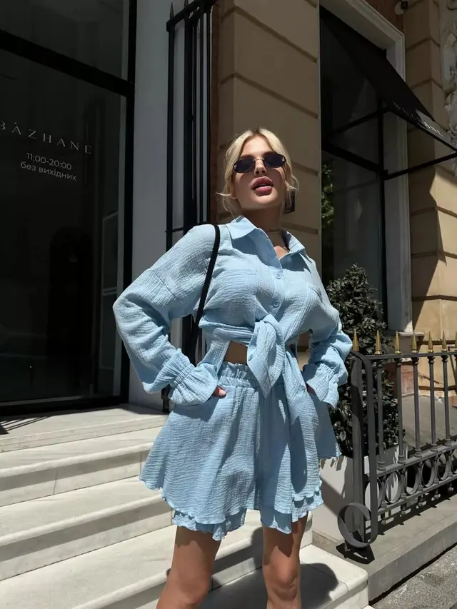 Long Sleeve Ruffled Shirt Double Layer Casual Shorts Suit Blue - Shop at LoveMi