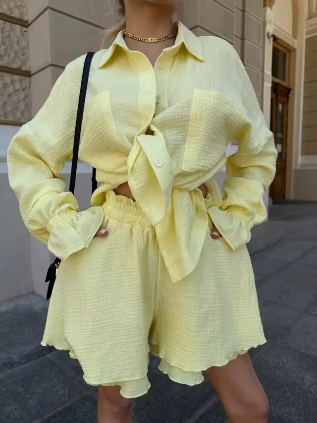Long Sleeve Ruffled Shirt Double Layer Casual Shorts Suit Yellow - Shop at LoveMi