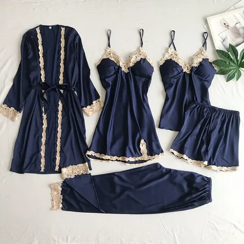 Women's Imitated Silk Pajamas Underwear Five piece Sling Blue - Shop at LoveMi