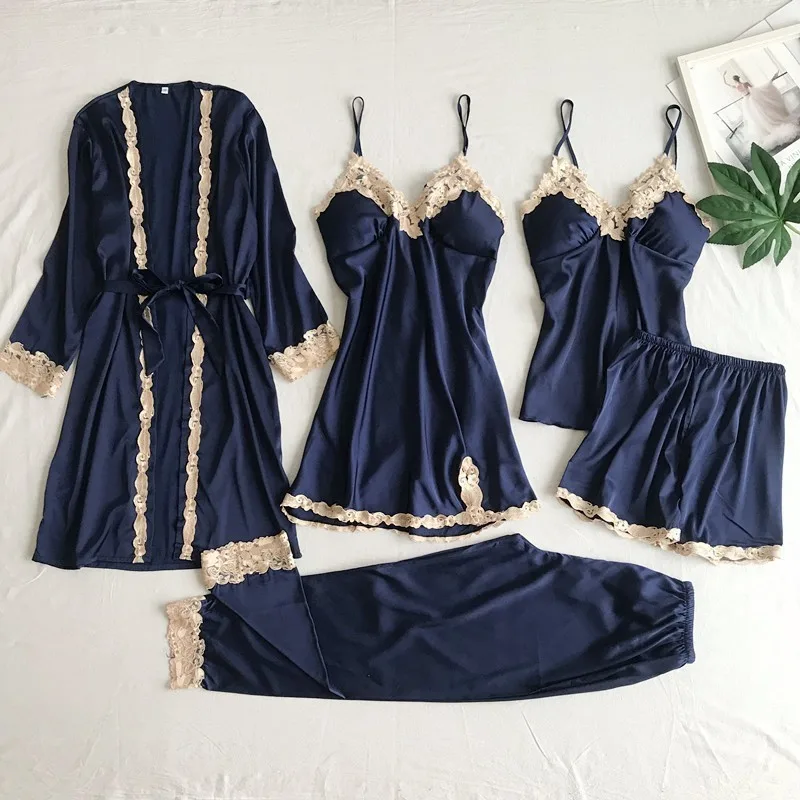 Women's Imitated Silk Pajamas Underwear Five-piece Sling - Blue